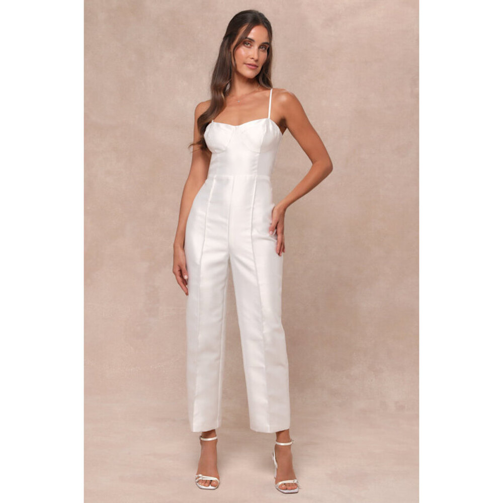 Lulus Contemporary Pose White Taffeta Bustier Sleeveless Jumpsuit - Size M